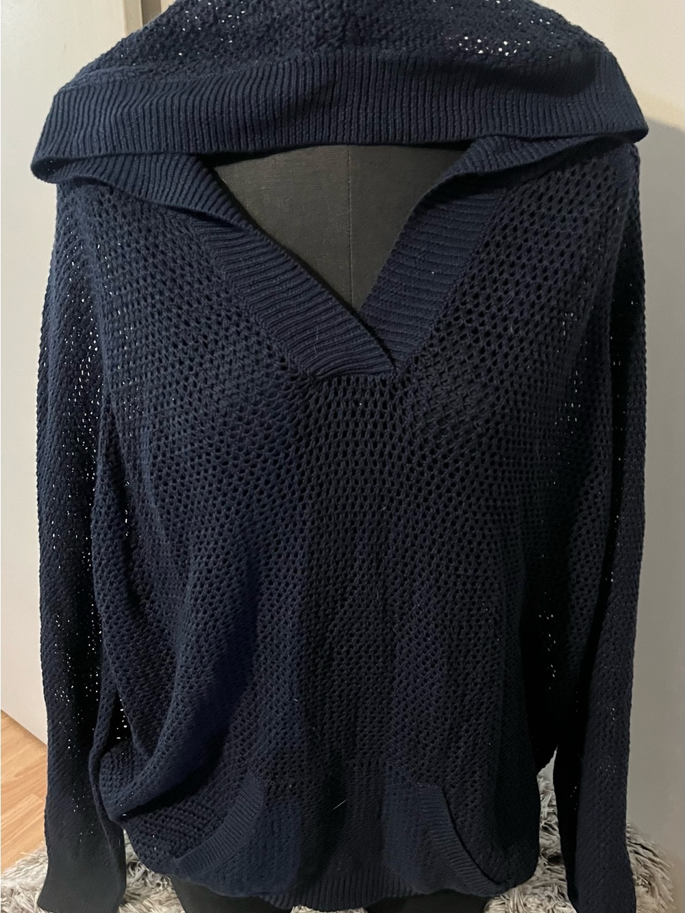Navy Open-Knit V-Neck Mesh Coverup with Hood
